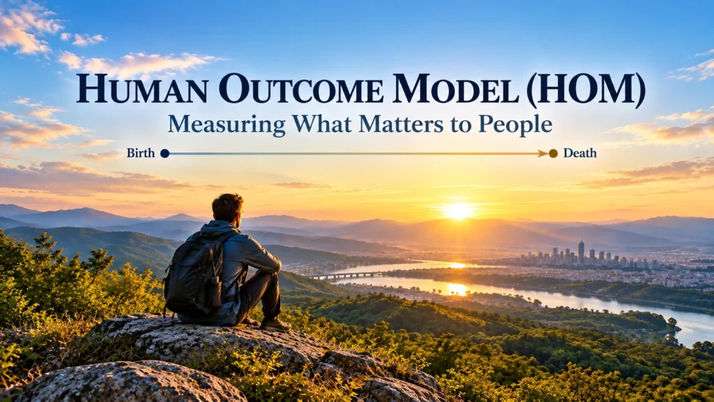Human Outcome Model (HOM): Measuring What Matters to People, illustrated by a person overlooking a river and city at sunrise.